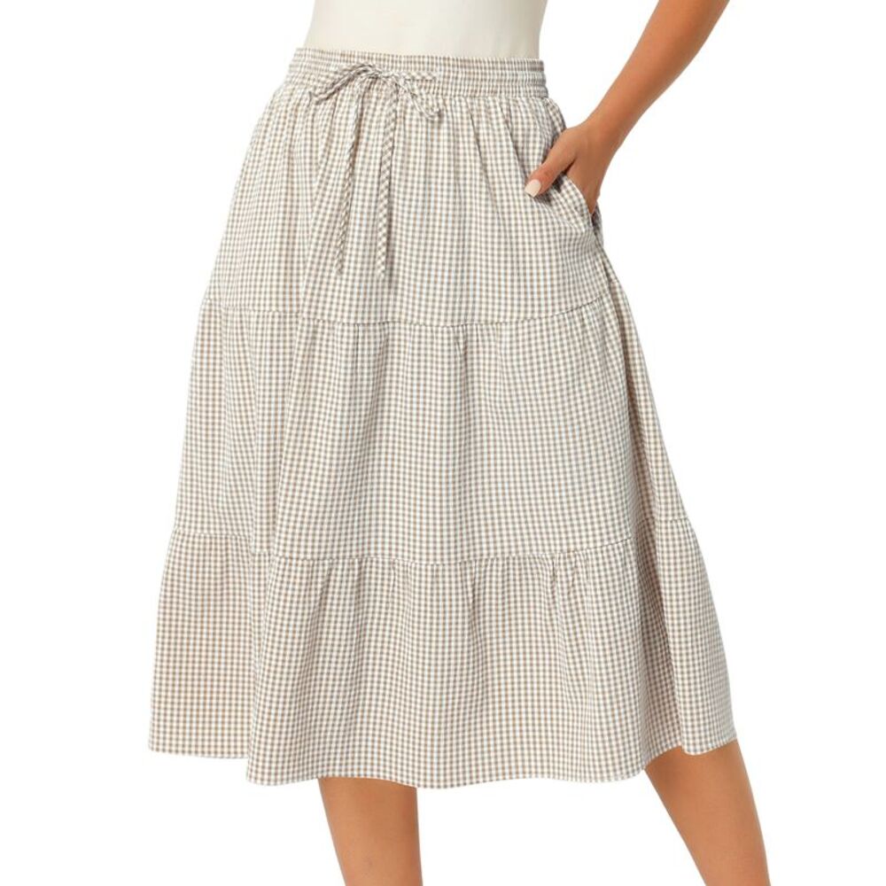 Women's Gingham Skirt Summer Casual Tiered Plaid A-Line Midi Skirts Brown